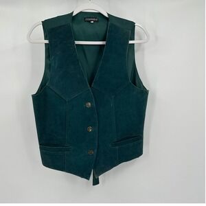 Womens Boho Suede Vest Size M/L Forest Green Button Front Vintage Old Money